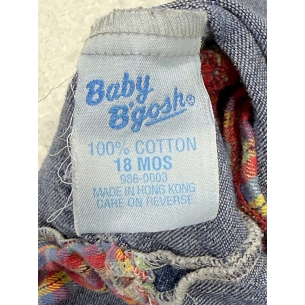 Vtg 90s OshKosh B'gosh Denim Jumper Dress Baby Girls sz 18M Fall Plaid